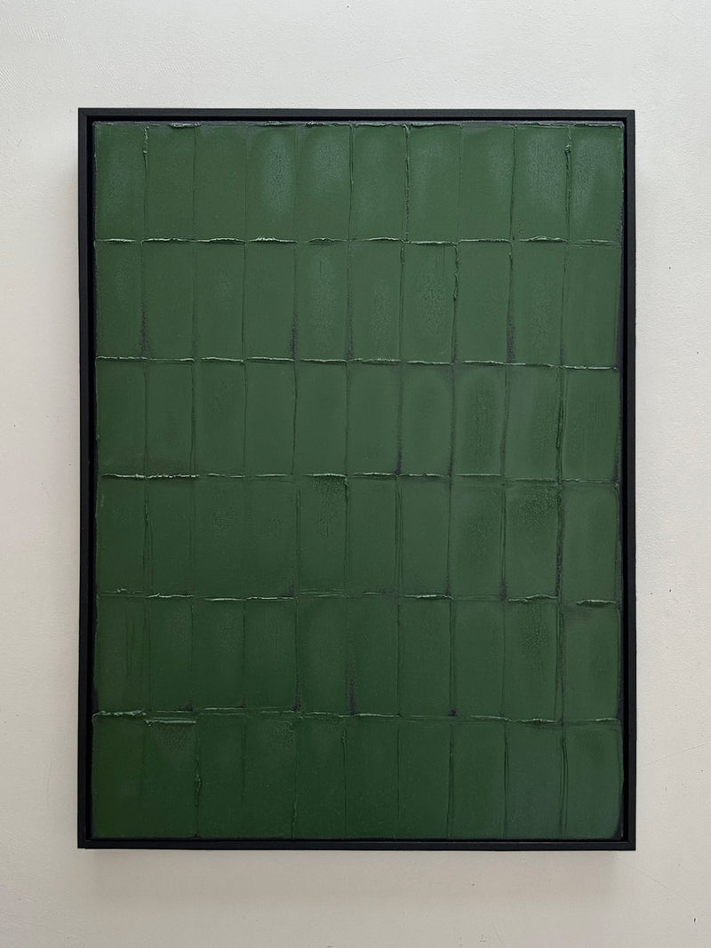 Green geometric grid painting with textured brushstrokes by Roi Elmaliah
