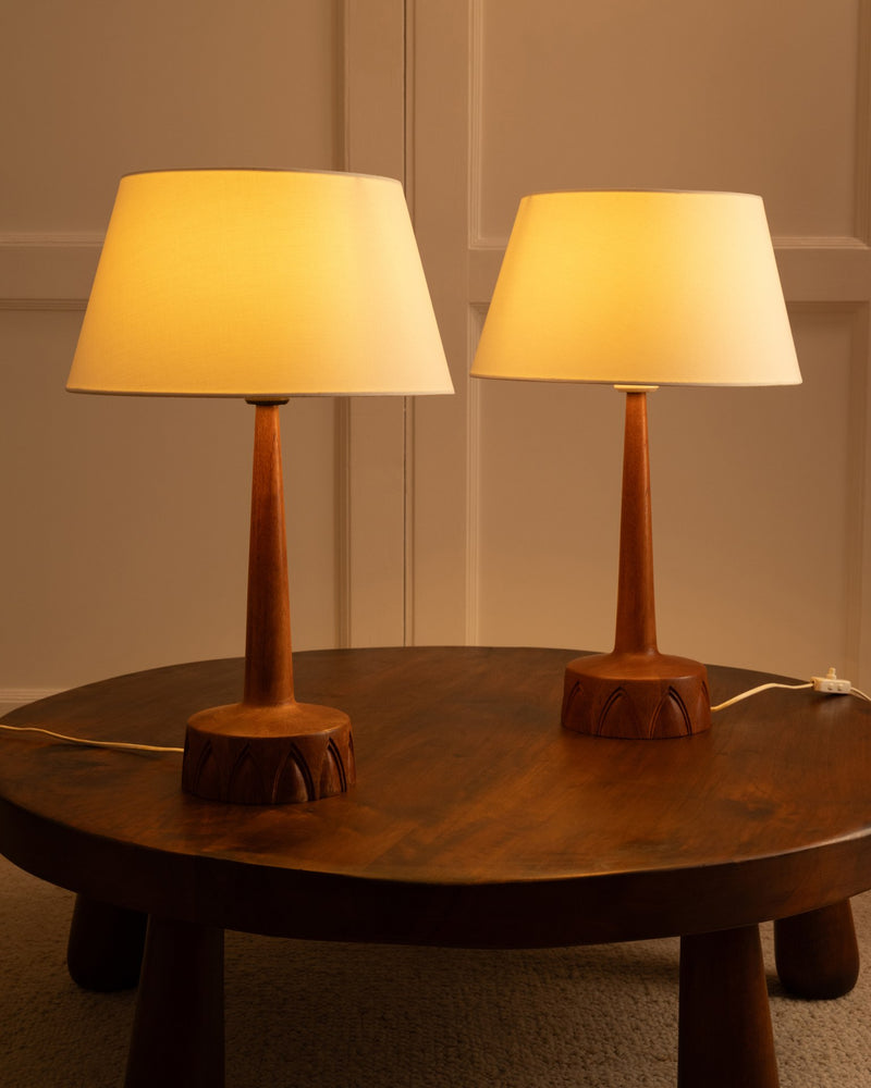 Pair of 1960s Swedish table lamps with wooden bases and cream shades