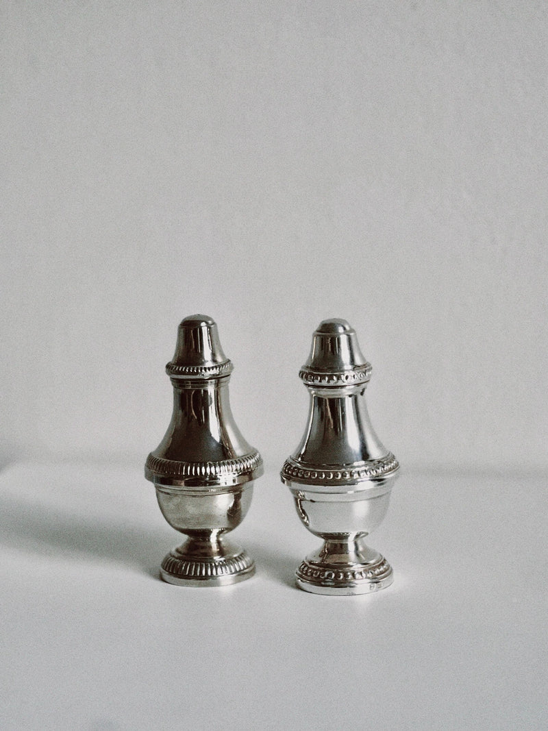 Elegant silver salt and pepper shakers with decorative beading