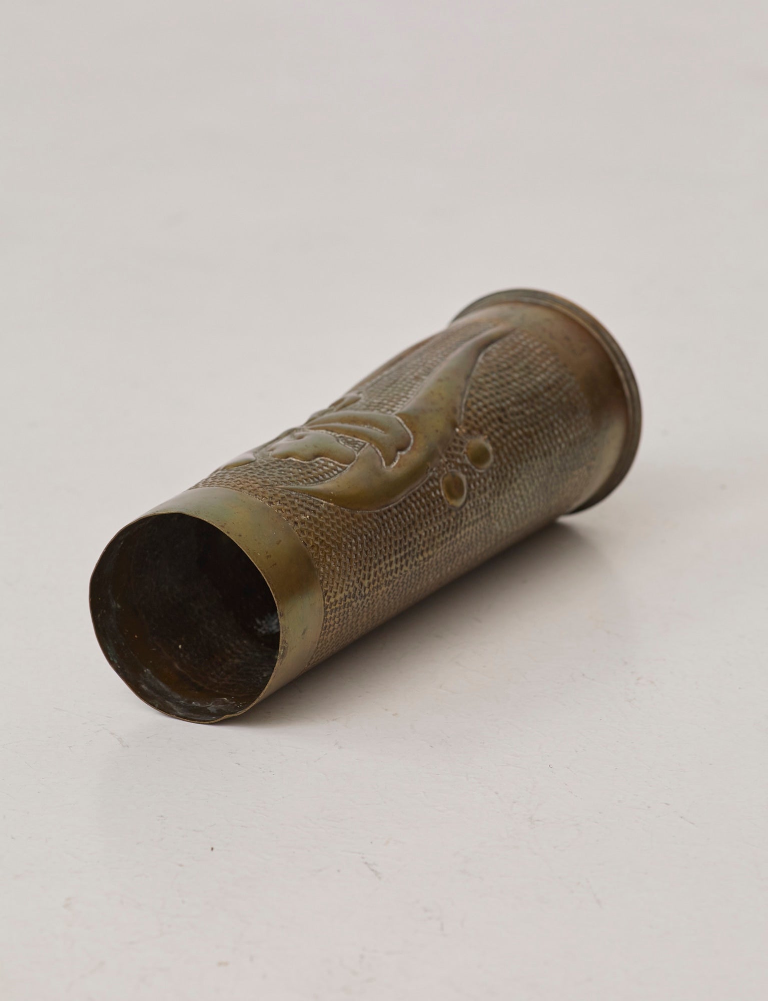 Vintage Vase in Metal Brass (hand-repoussé Iris motif) — in context