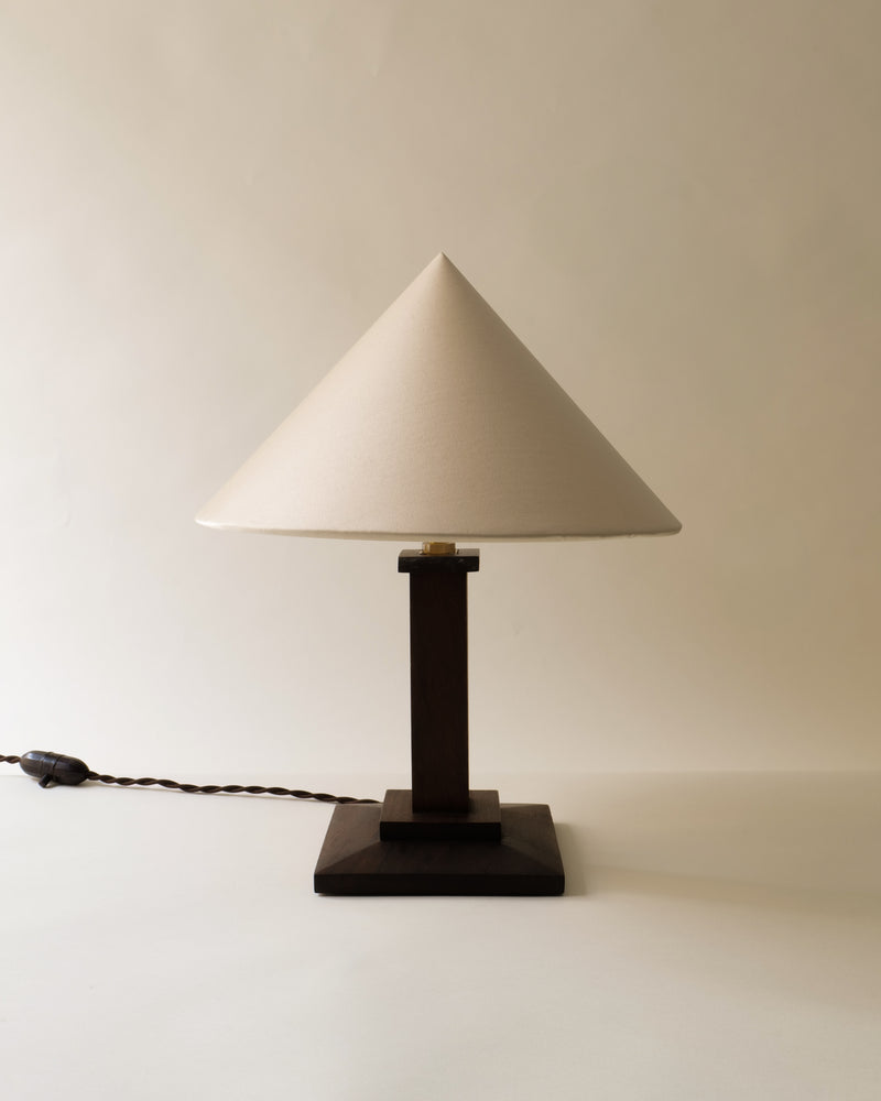 Vintage wood table lamp with conical white shade 1940s