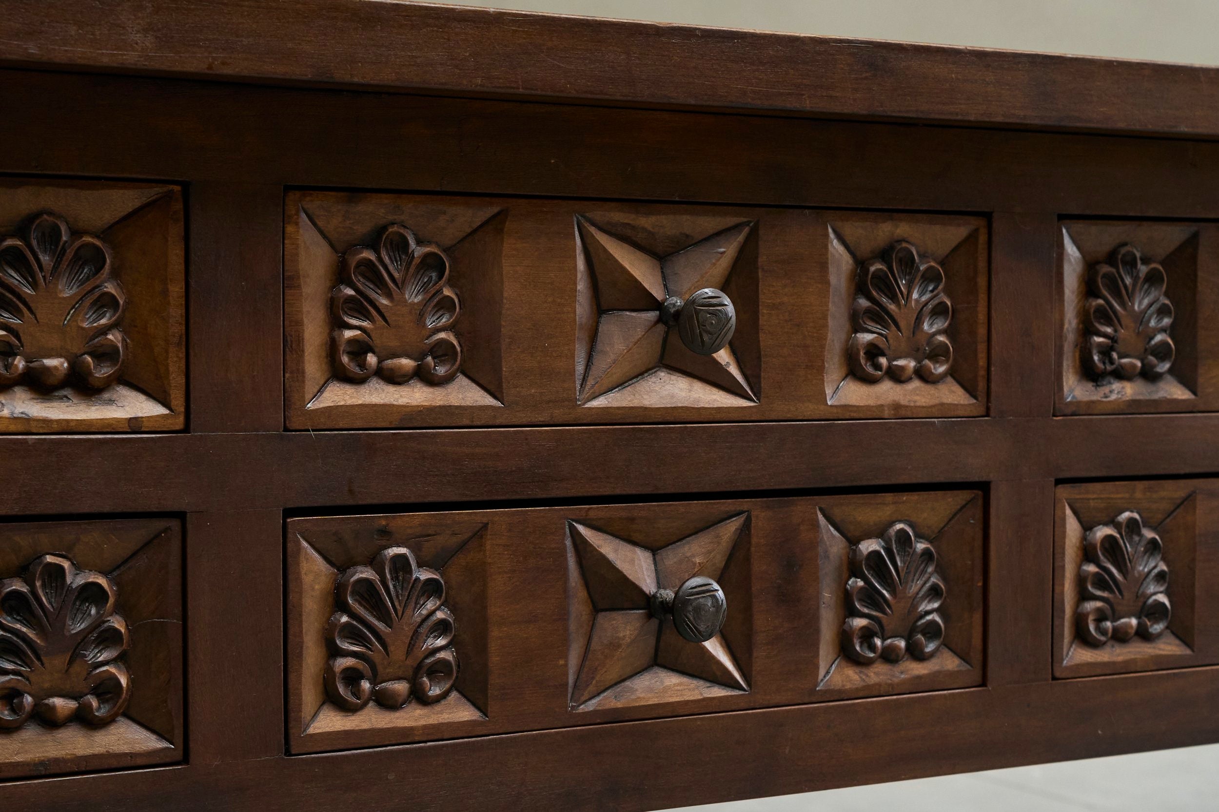 Spanish Style Sideboard in Hand-Carved Solid Walnut and Wrought Iron Early 20th Century — detail view