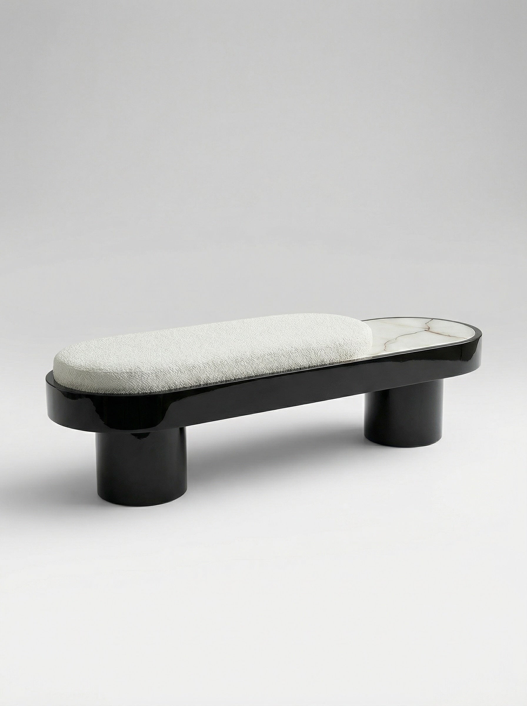 Noto Black Lacquered Wood With Shell Onyx Bench — side angle showing black finish and soft seat