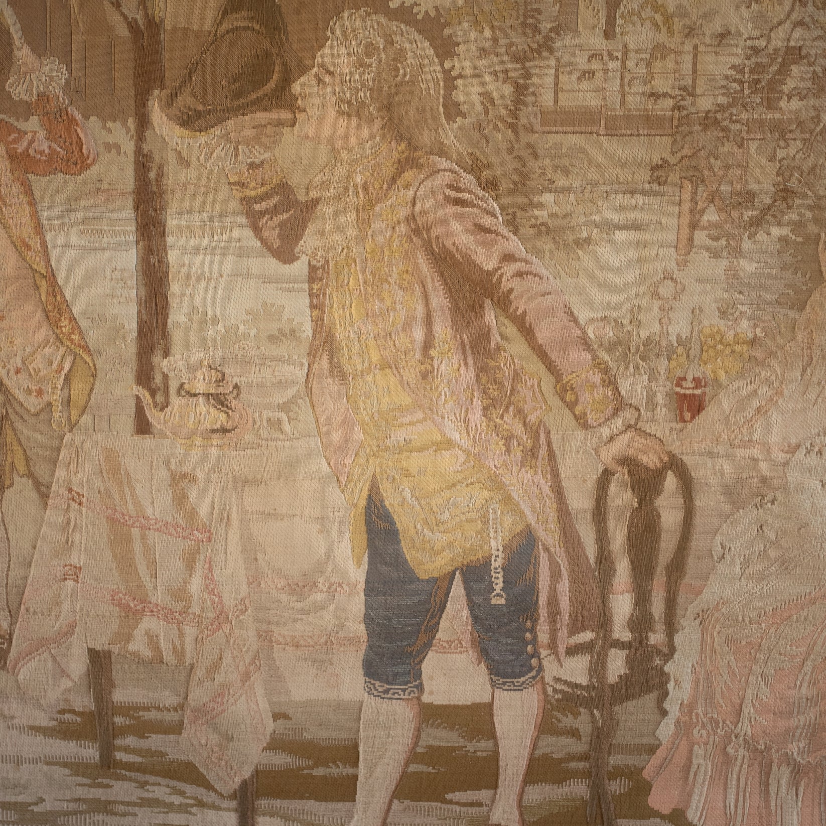 19th Century French Pastoral Tapestry — detailed view of woven figures in soft colors