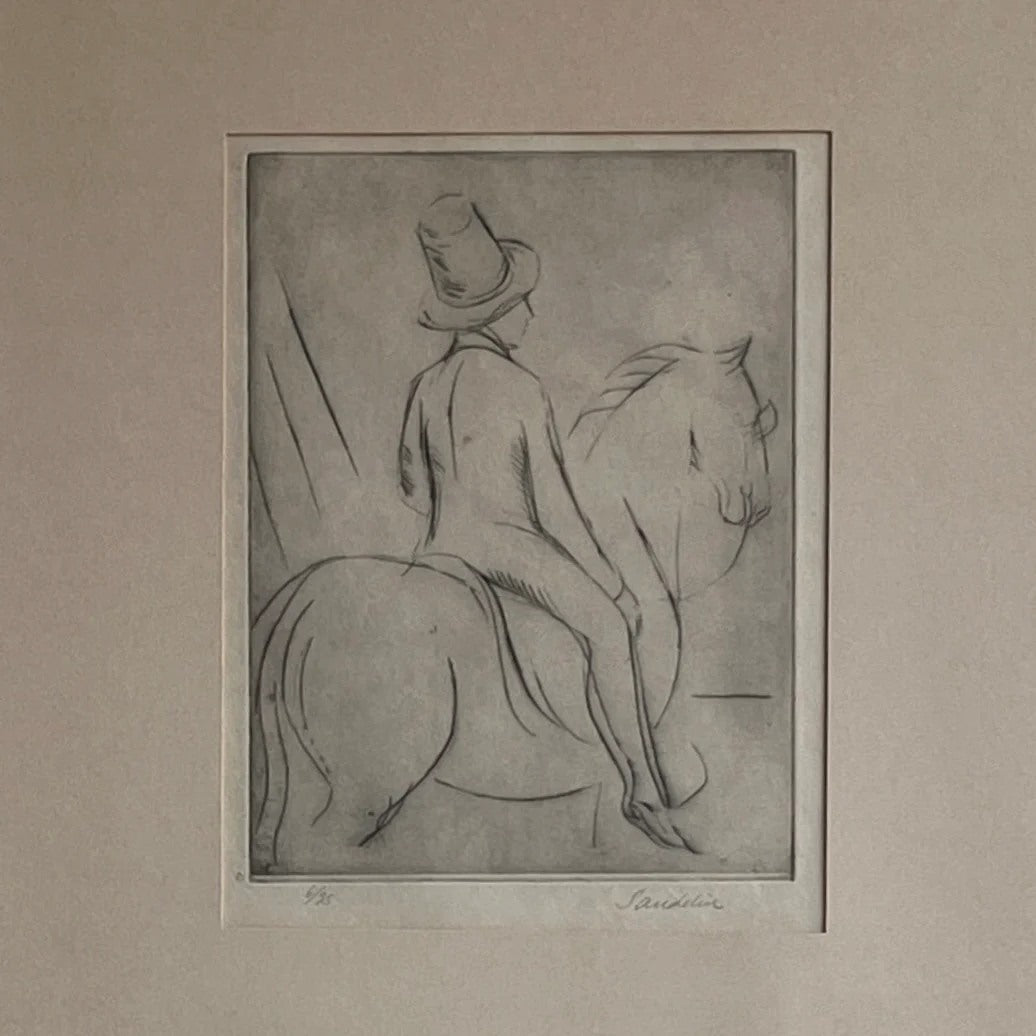 Swedish Etching "Rider" by Börje Sandelin (1926–1970) — close-up of monochrome etching detail