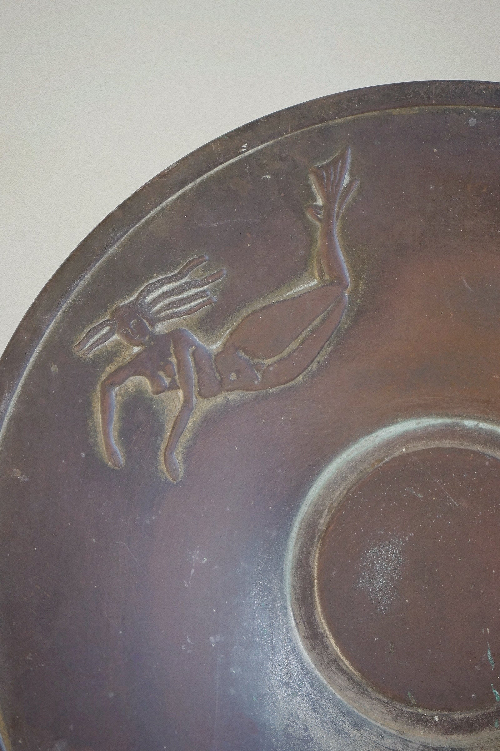 Swedish Grace Mermaid Charger c.1930 — top view highlighting bronze mermaid design