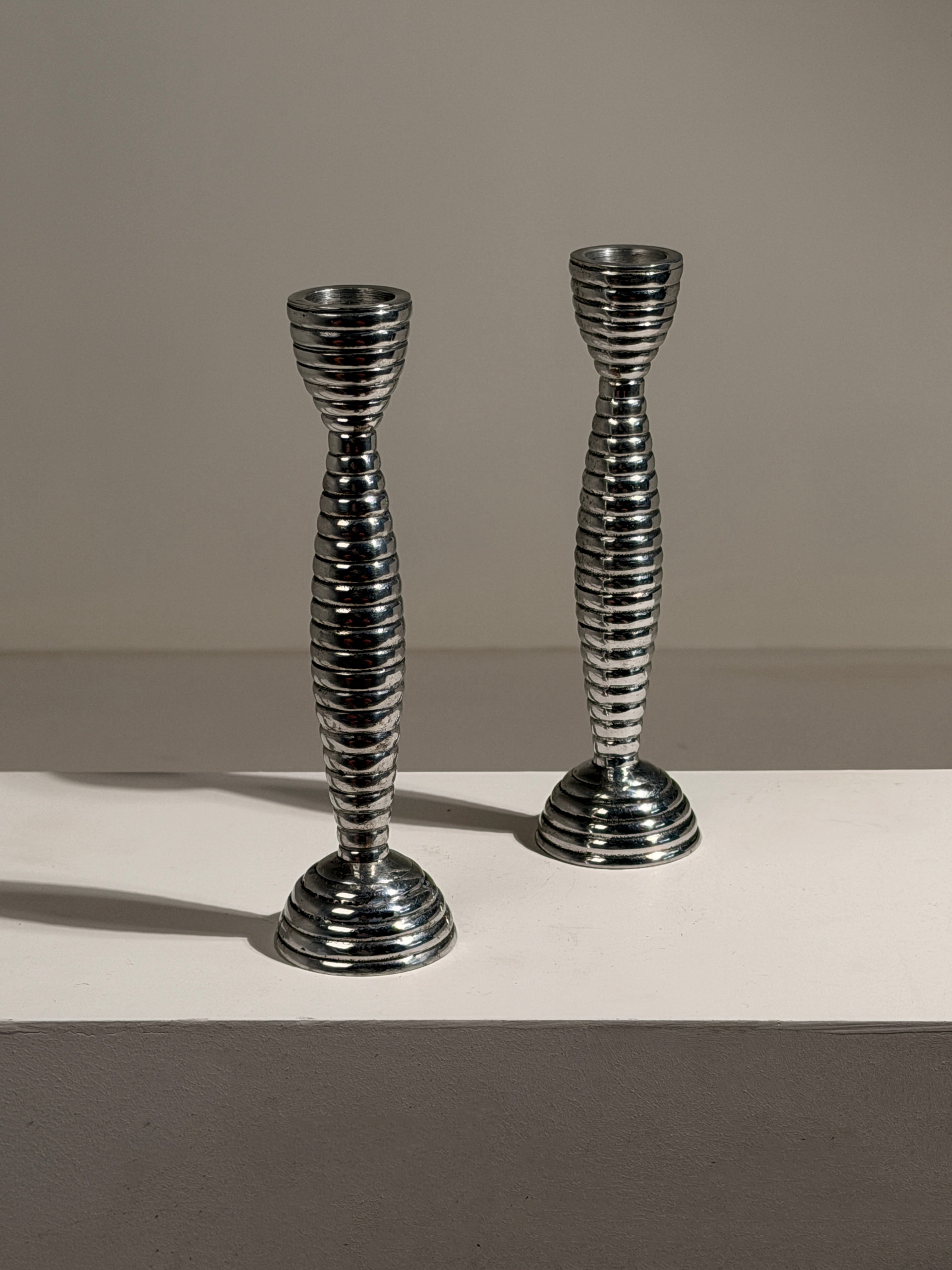 Pair of modernist candlesticks, France, circa 1970 — side angle
