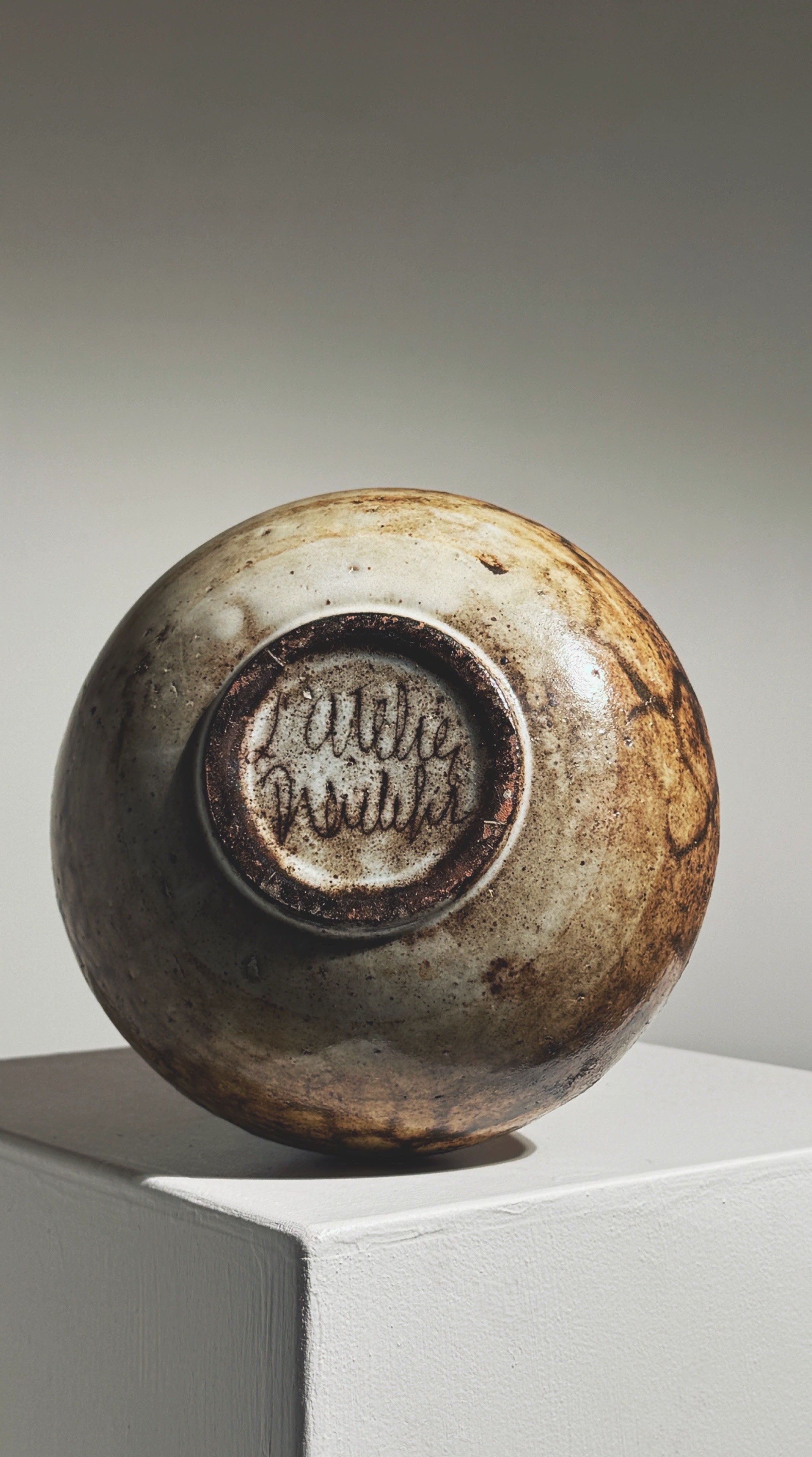 Bottom signature detail of Jacques Pouchain stoneware vase 1960s