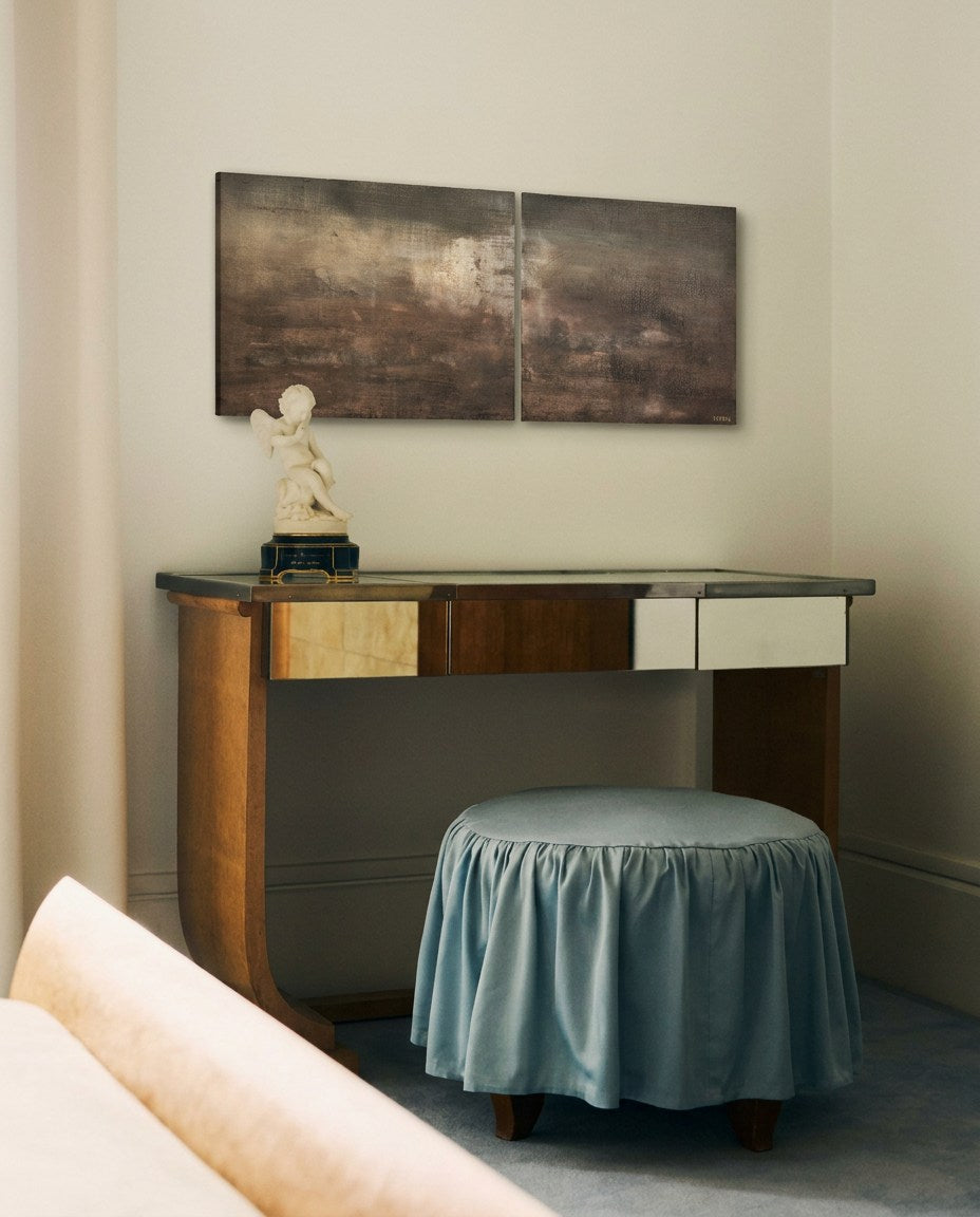 Painting on Canvas, "clouds" Lime Paint and Oil on Linen — detail view above wooden desk with statue