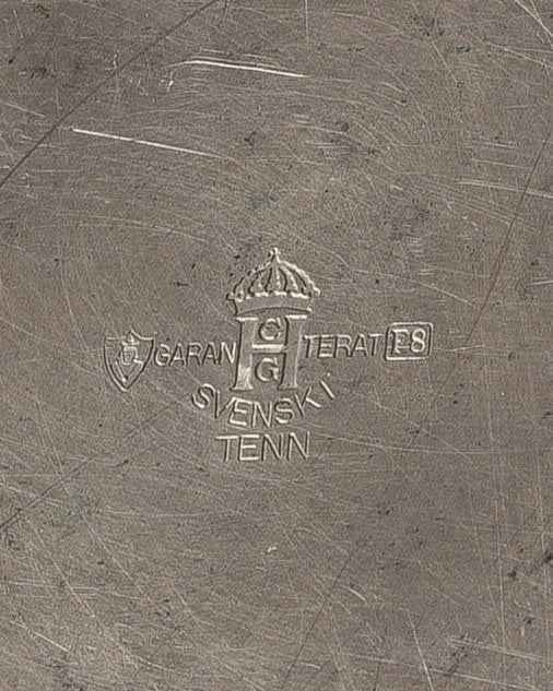 Art Deco Pewter Bowl by Sylvia Stave, Sweden, 1932 — close-up of maker's mark on pewter surface