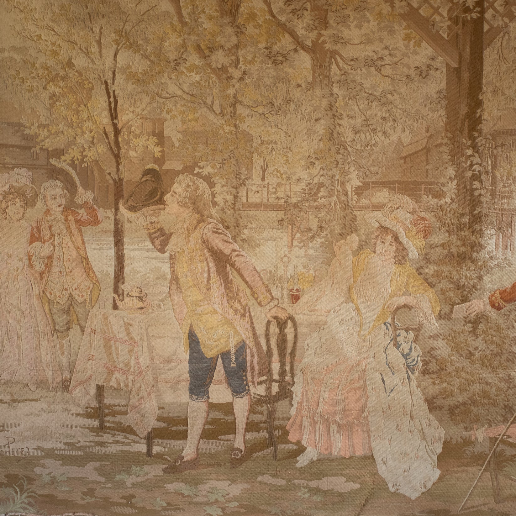 19th Century French Pastoral Tapestry — detailed view of pastoral scene in garden
