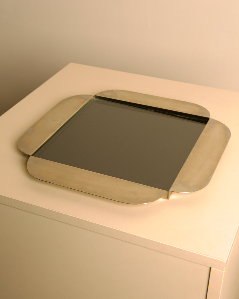 Large Italian Silver-plated Glass and Metal Tray by C&P Italia 70s | The Oblist — vintage silver finish