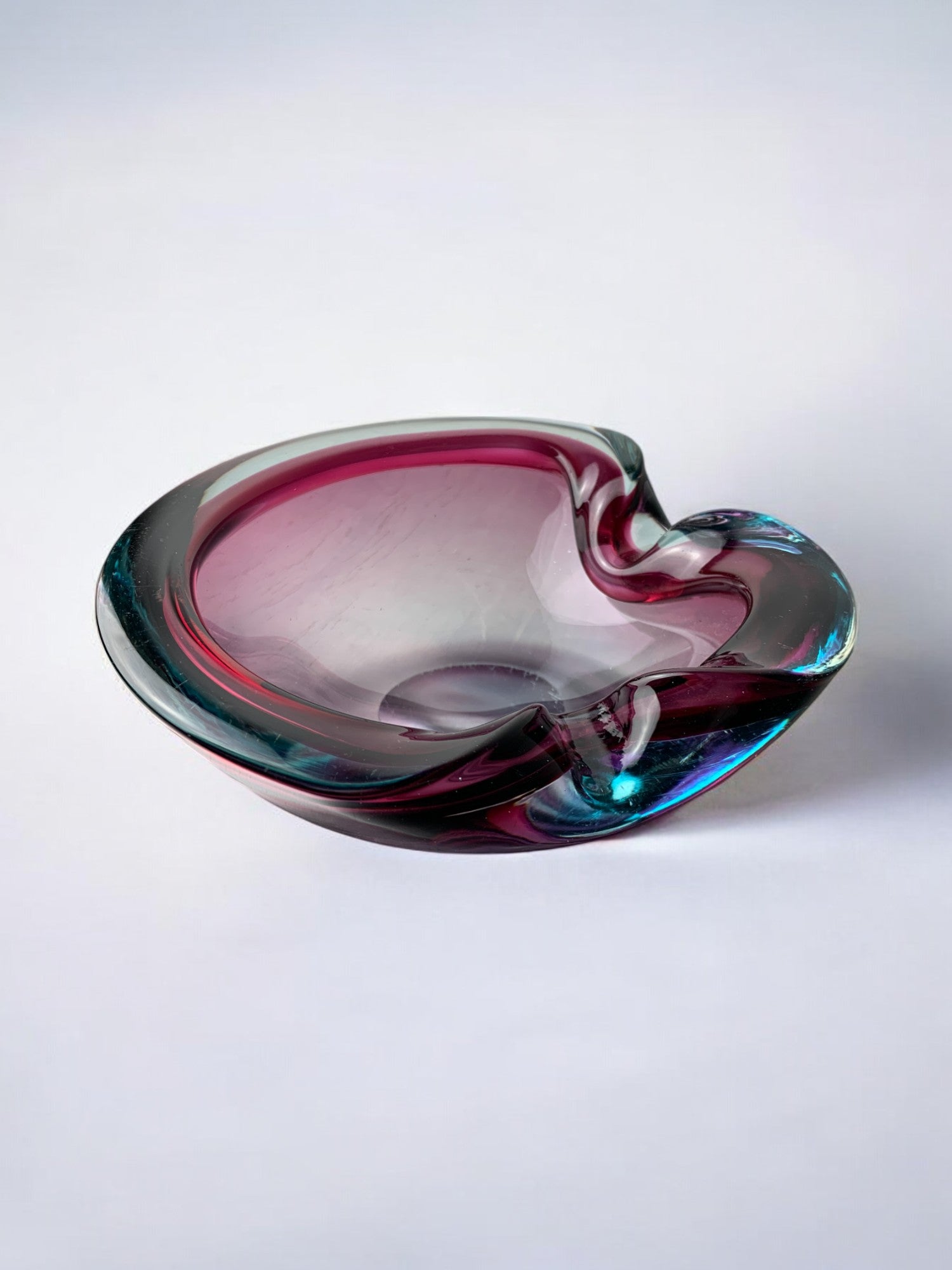 Sommerso Bowl by Seguso, Murano Glass, Italy, 1970's — side angle highlighting rich purple and teal colors