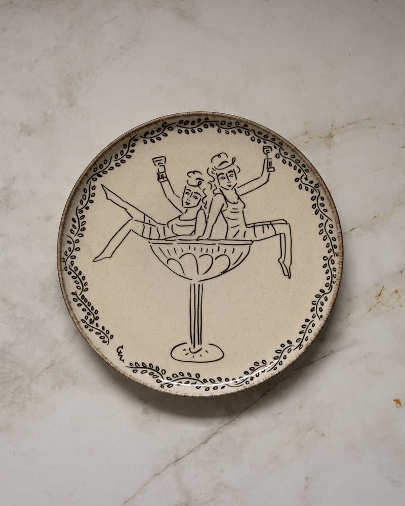 Handmade ceramic plate with Roman figures in decorative vessel motif