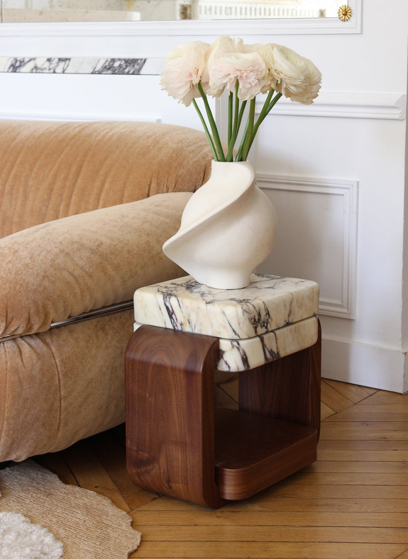 Tori Side Table — close-up of marble top and wooden base