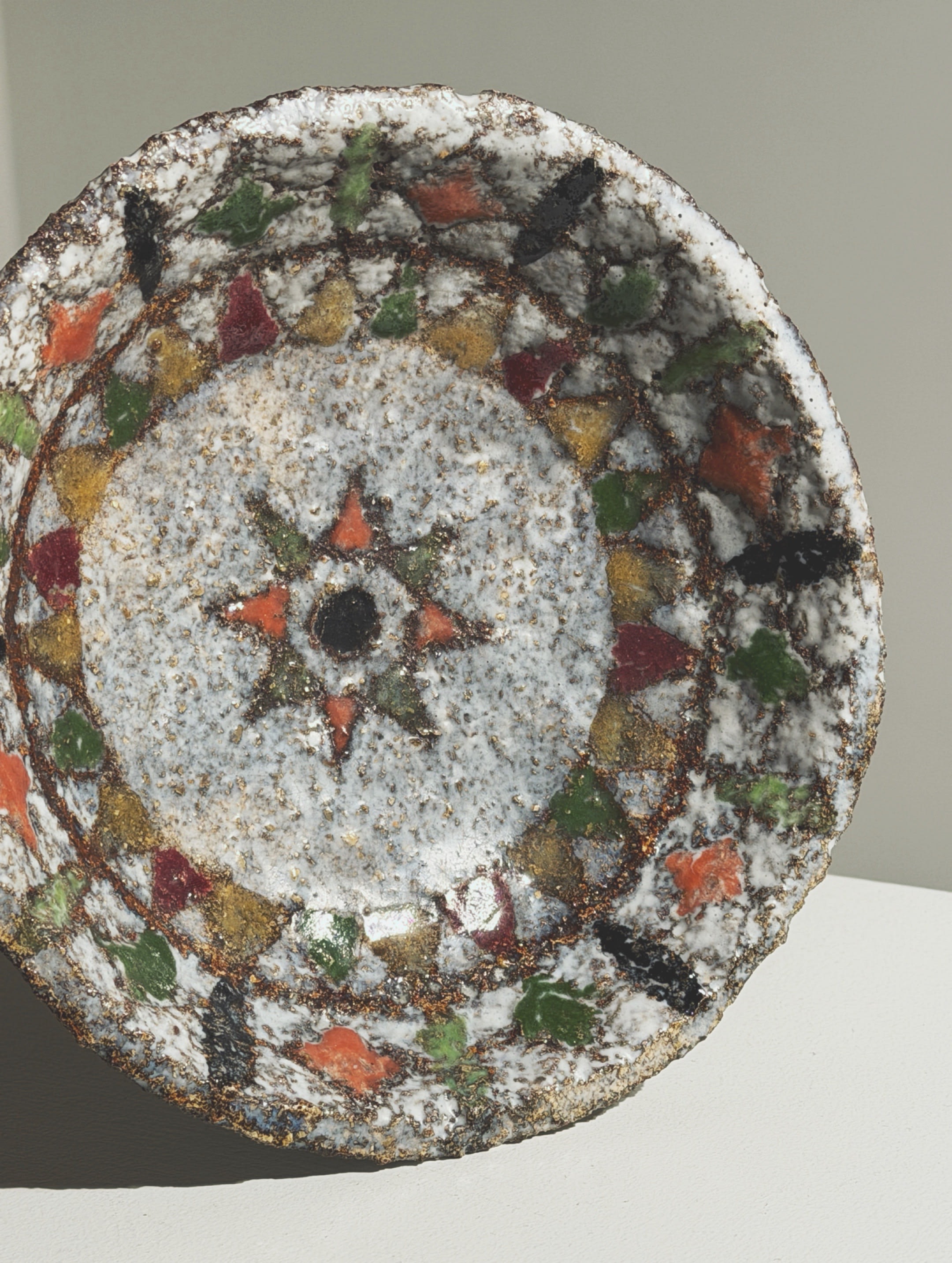 Bowl in Chamotte Stoneware by Fernande Kohler, Vallauris, circa 1960 — angled view highlighting colorful geometric patterns