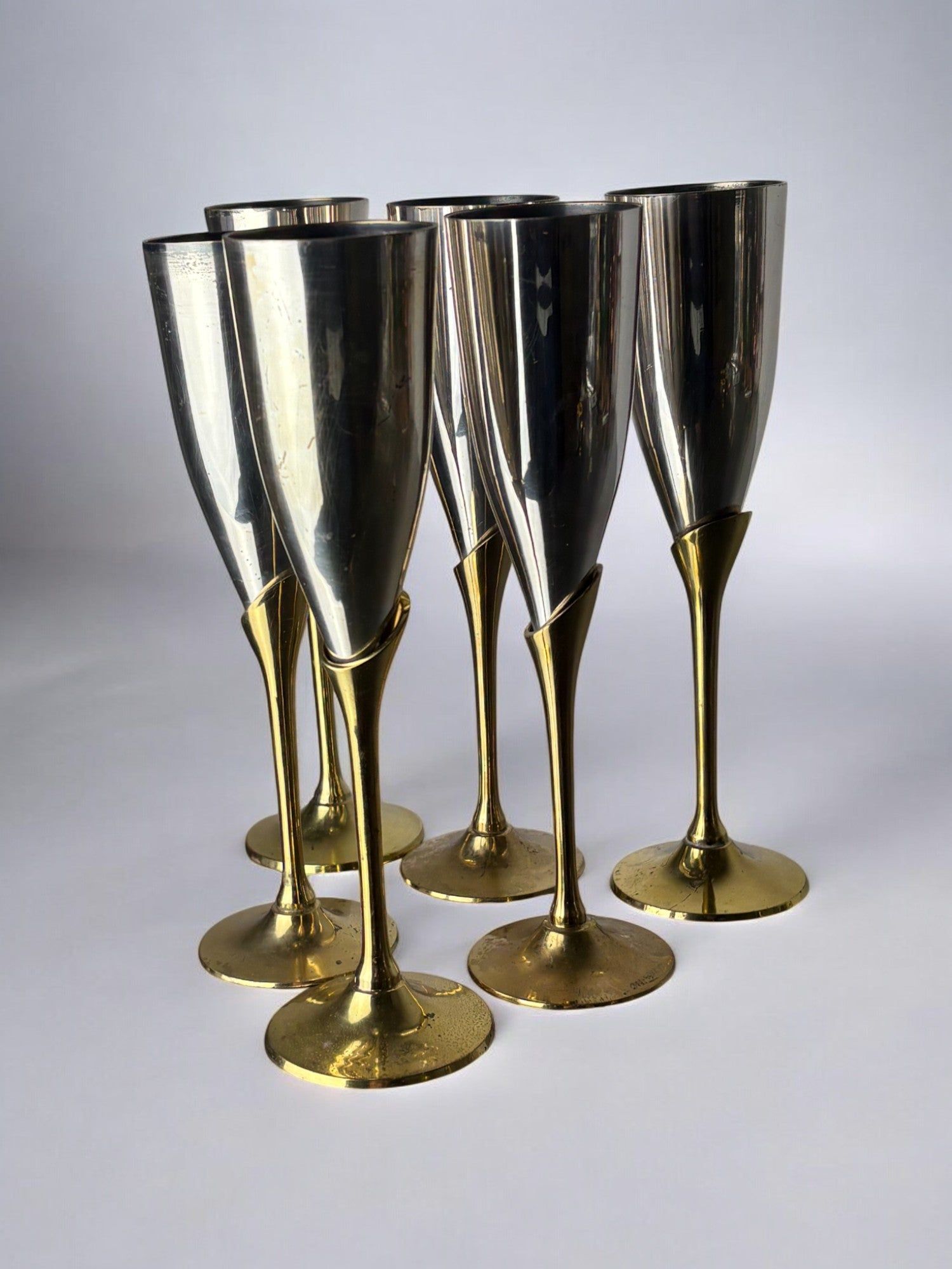Brutalist Champagne Glasses, Spain, 1970's by Malamar Studio | The Oblist — metallic finish, vintage design