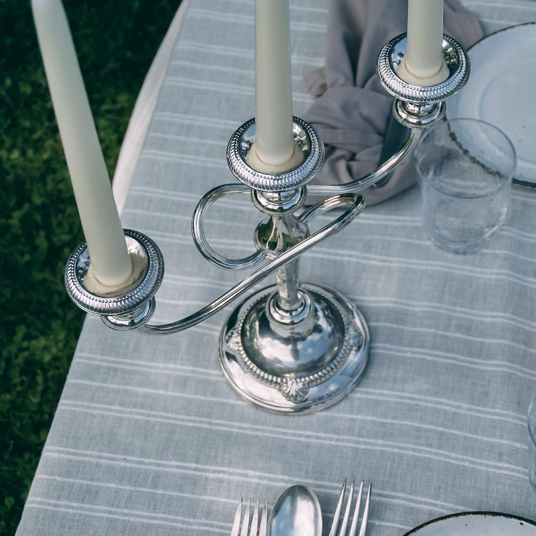 Three-armed Silver Candelabra — lifestyle setting