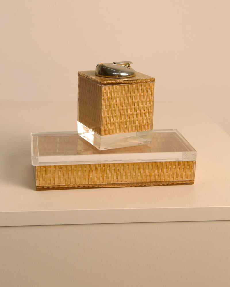 Italian wicker table lighter and plexiglass box set 1970s vintage