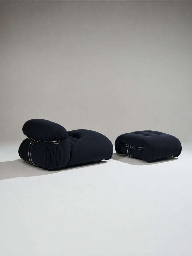 Soriana Chaise Longue and Pouf Set by Afra & Tobia Scarpa in Navy Boucle by Rémanence | The Oblist