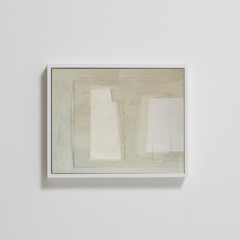 White abstract geometric painting with layered rectangles by Lara Voce