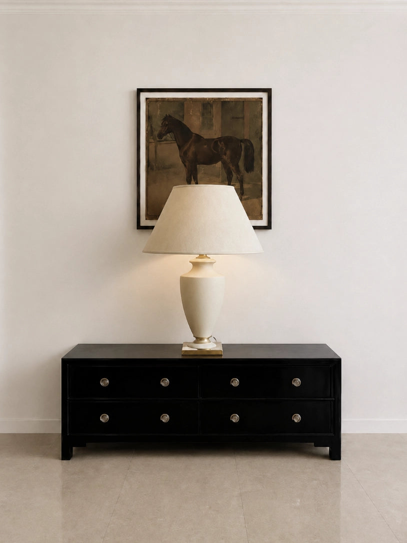 1950s Austrian Vintage Table Lamp in Ceramic and Fabric — detail view