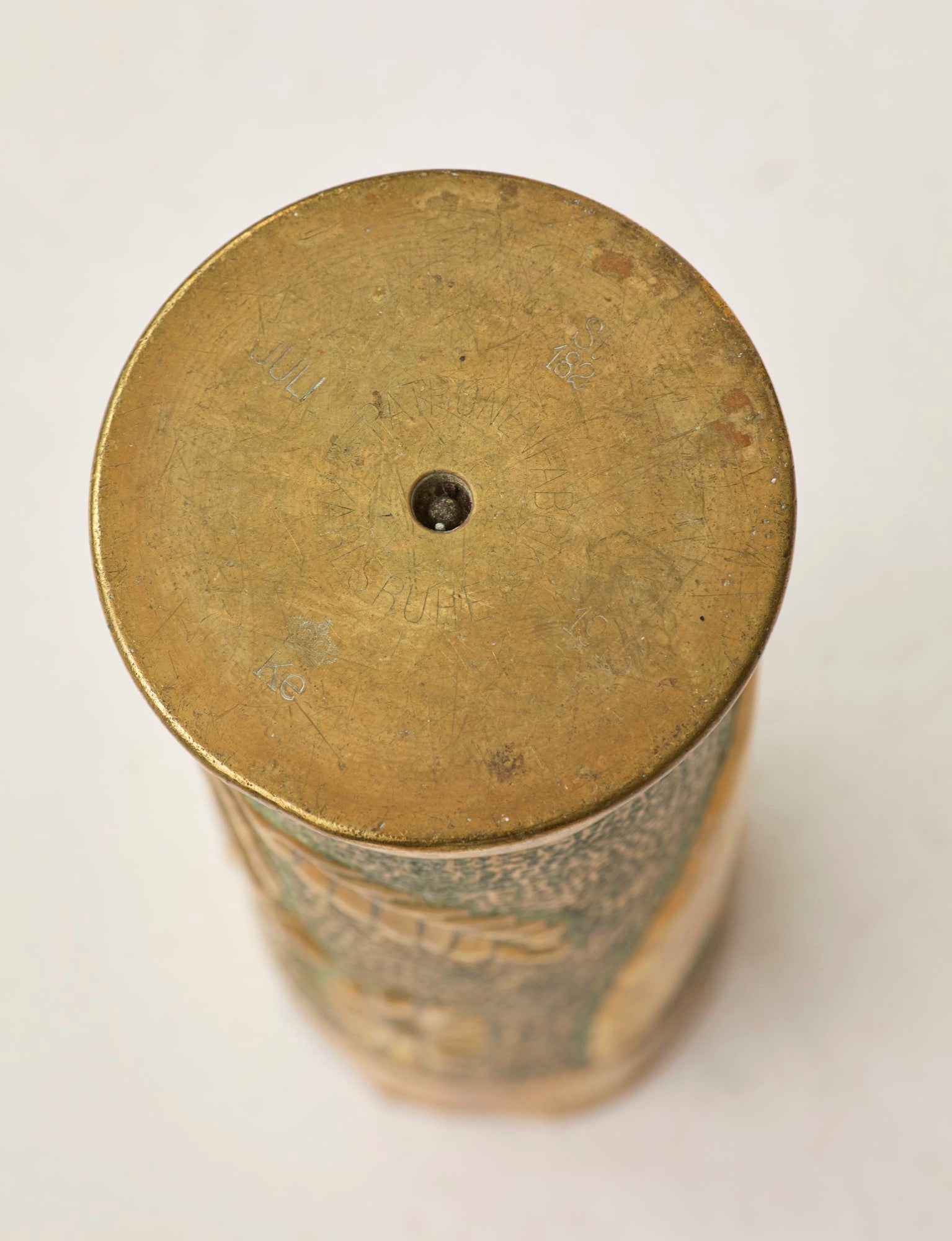 Vintage Vase in Metal Brass (hand-repoussé Daisy and Lily of the valley motifs) — in context