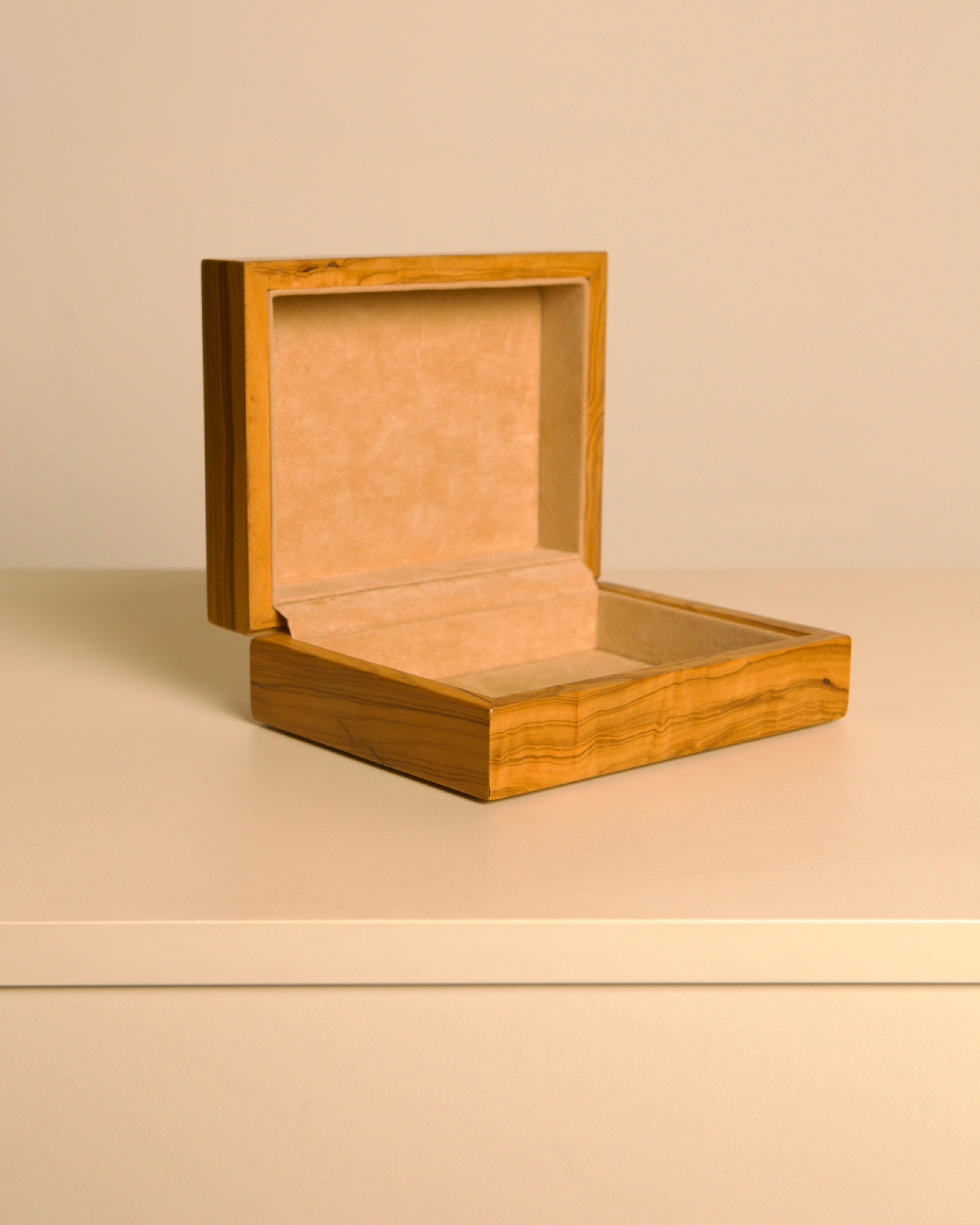 Italian wolid olive wood box with cream velvet Interior 1980's — side angle