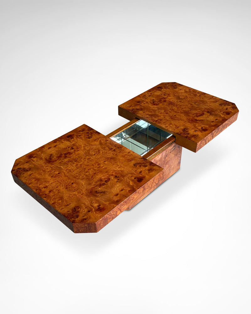 Burl wood coffee table with bar by Maison Lancel France 1980s | The Oblist — vintage artisan craftsmanship