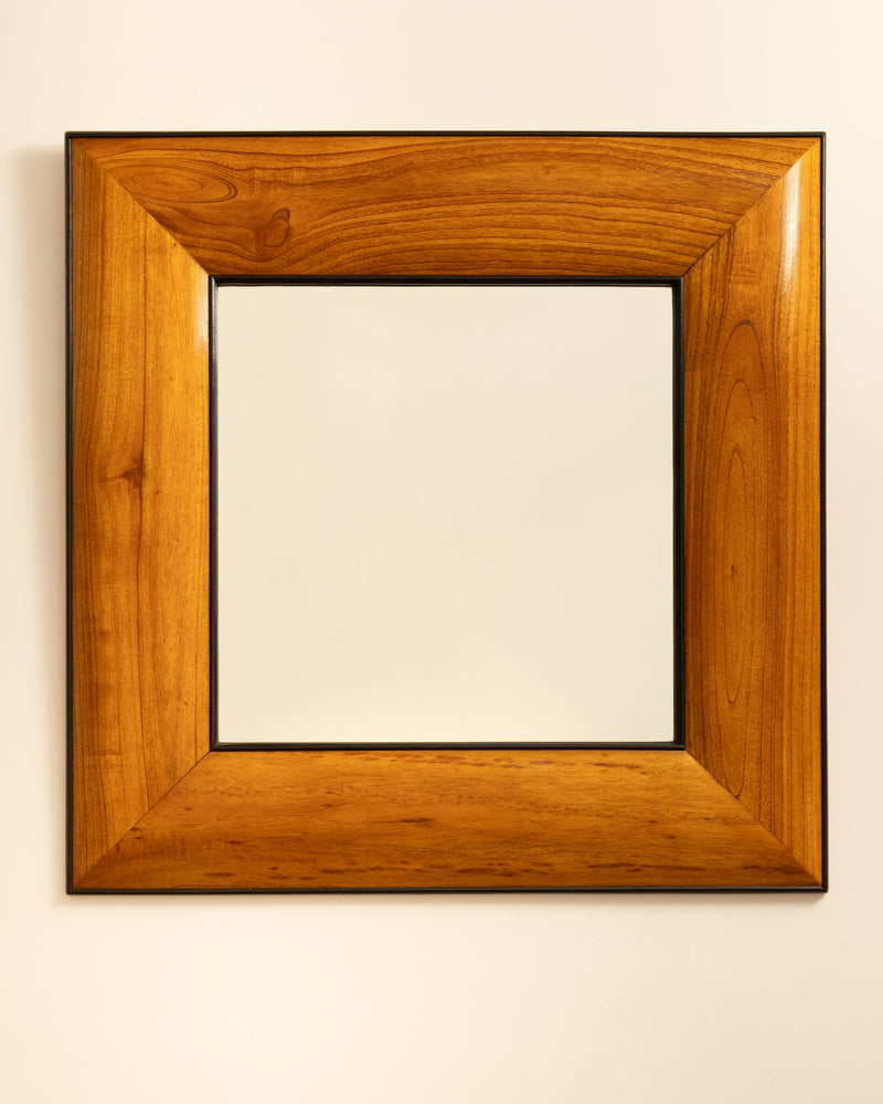 Square wooden mirror with wide grain frame, Italian 1950s design