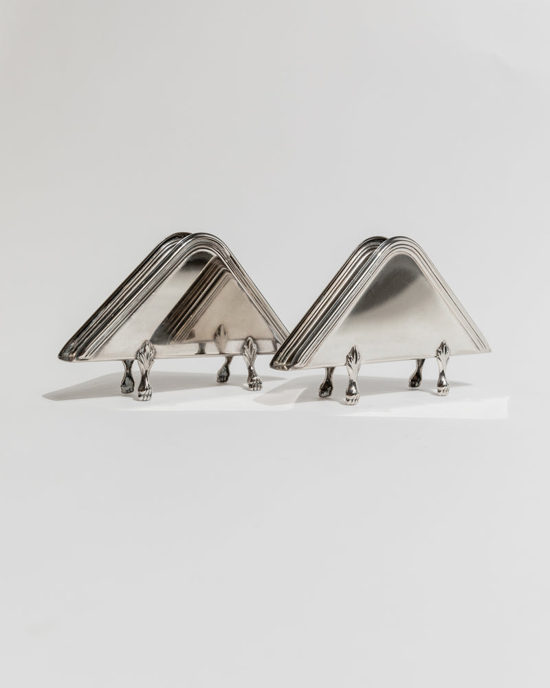 Set of 2 triangular silver napkin holders with decorative feet