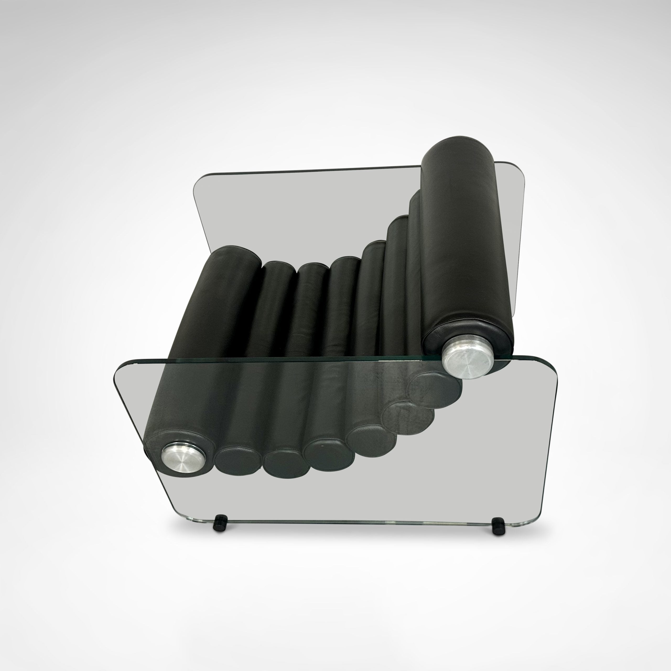 Hyaline leather and glass armchair by Fabio Lenci for Comfortline Italy 1960s — side angle showing rolled leather cushions