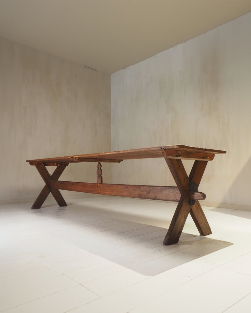 19th Century X-Frame Trestle and Cross Stretcher Base Table — detail view