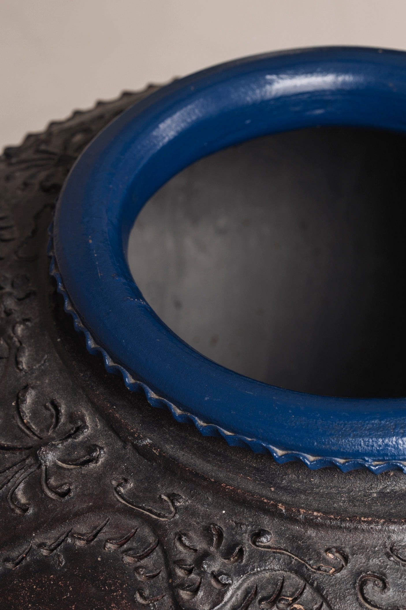 Monumental Ceramic Vase from French, 1950s — close-up of textured dark surface with blue rim