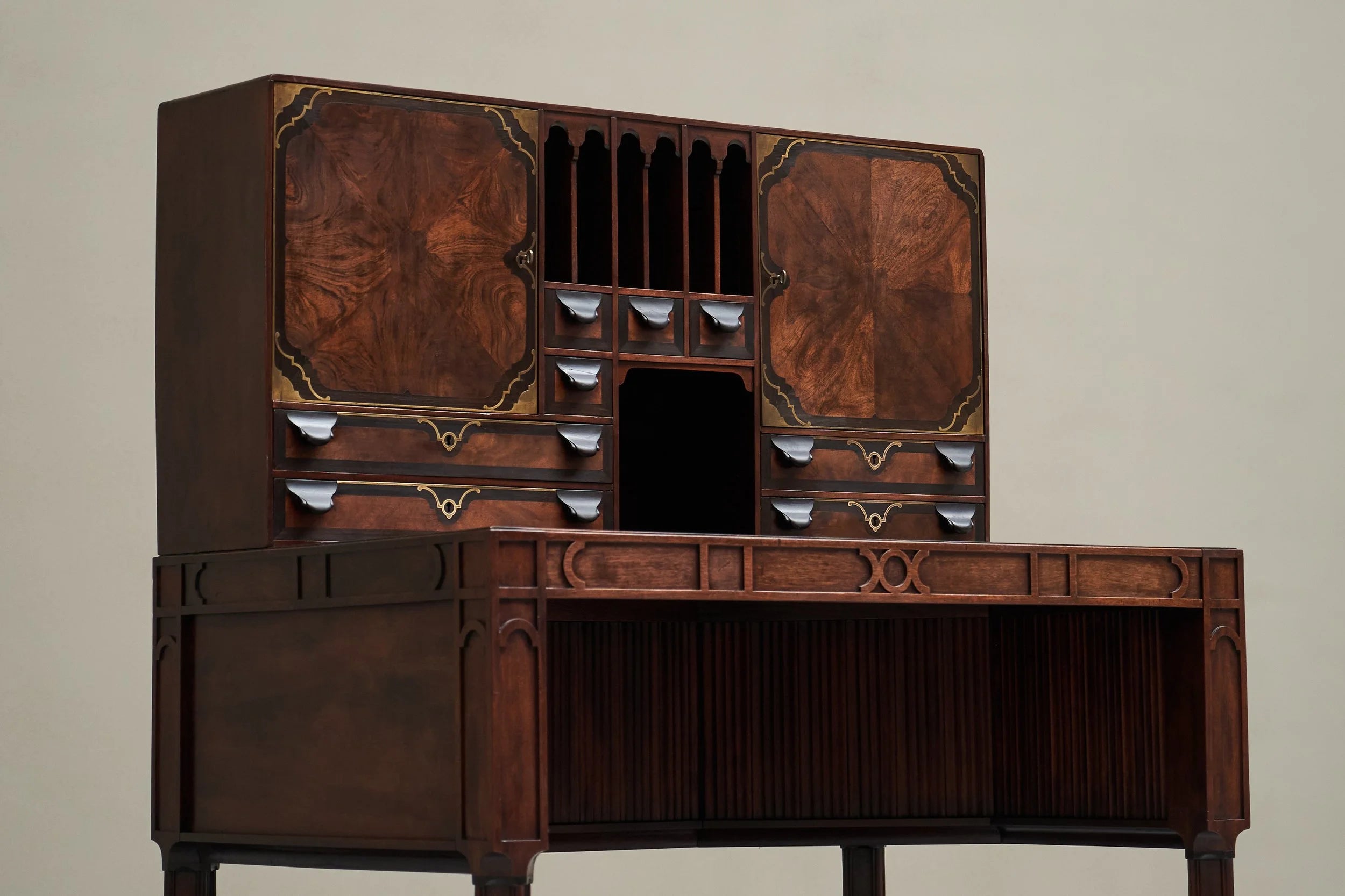 Exceptional Secretary Desk in Mahogany, Walnut, Ebony and Brass, Early 20th Century — side angle