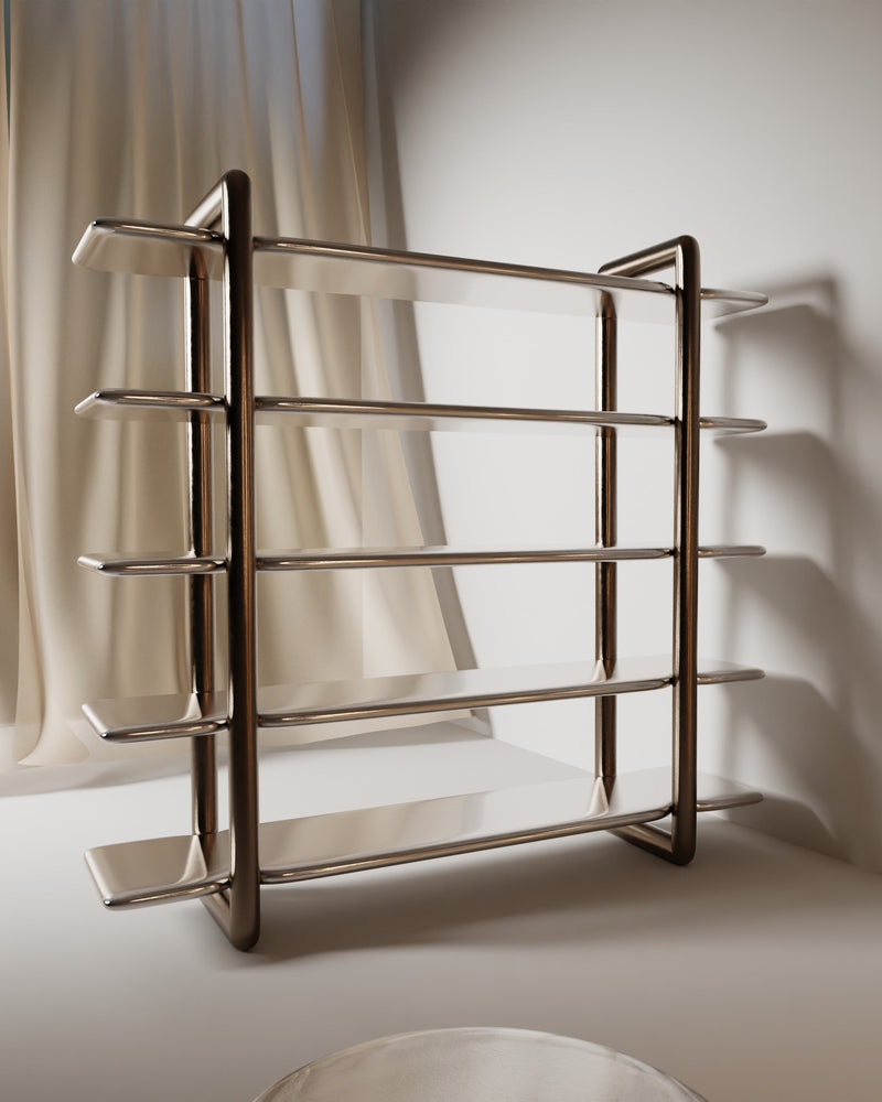 Modern stainless steel tubular bookshelf with sleek geometric frame