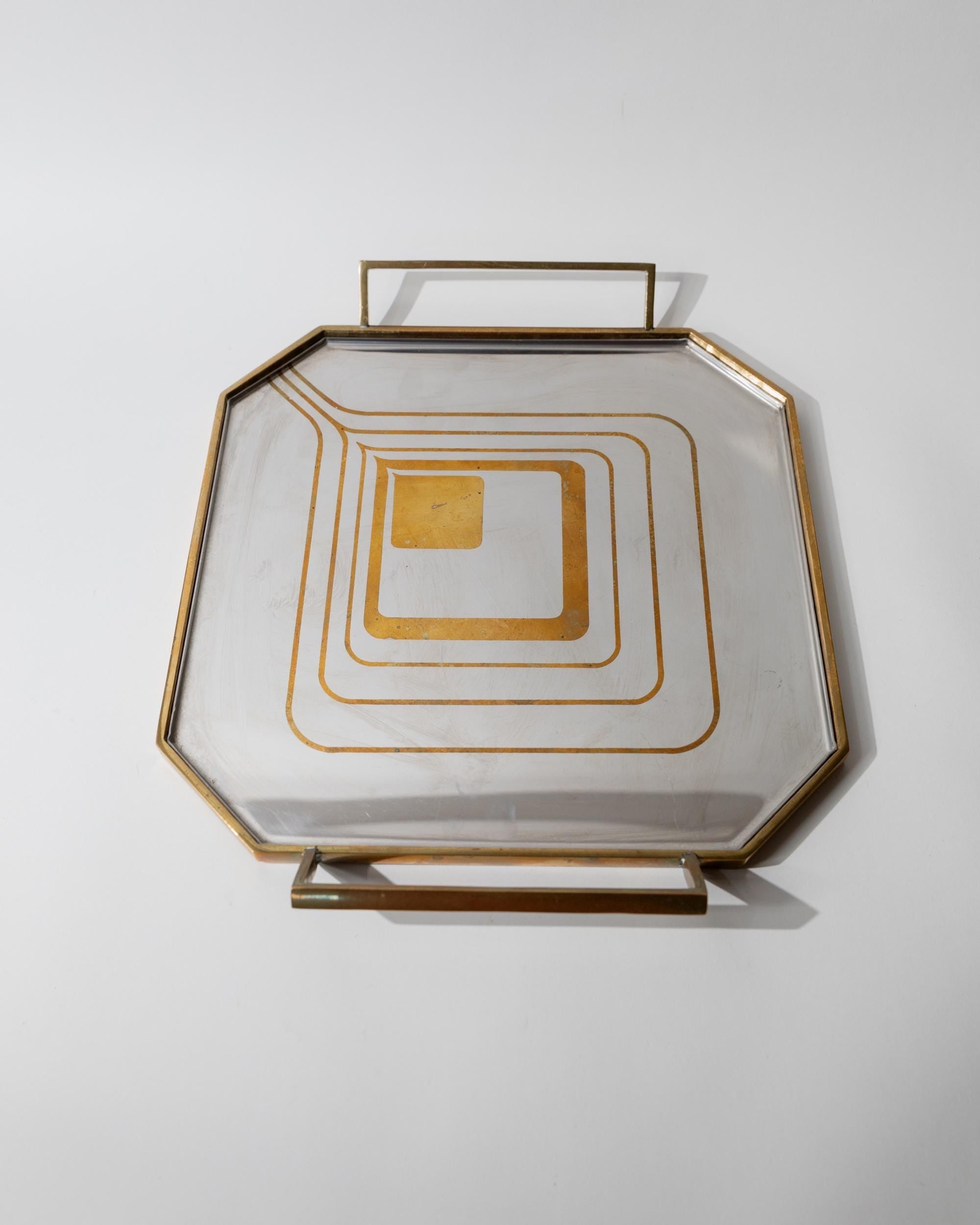 Vintage 1970s Octagonal Stainless Steel Tray, Brass Rim with Mid Century Pattern Design, Polished Serving Tray, Elegant Barware, Gift Idea — side angle
