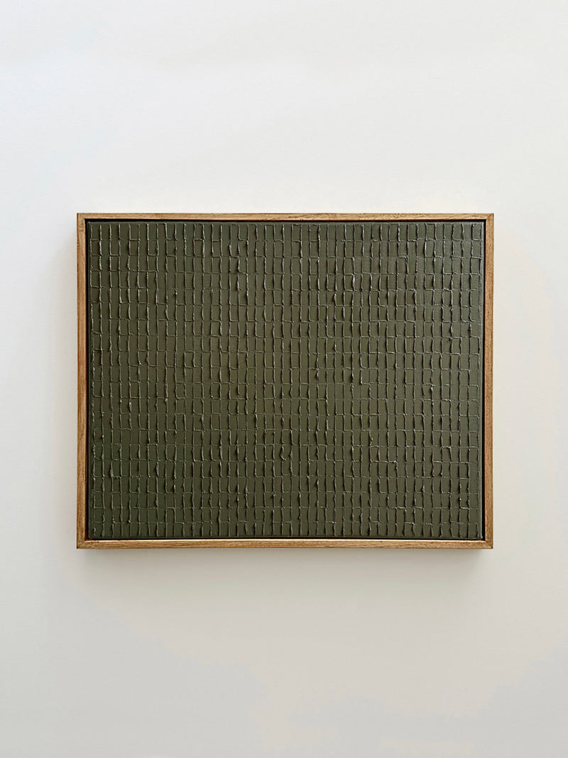 Olive textured grid painting by Roi Elmaliah in wooden frame