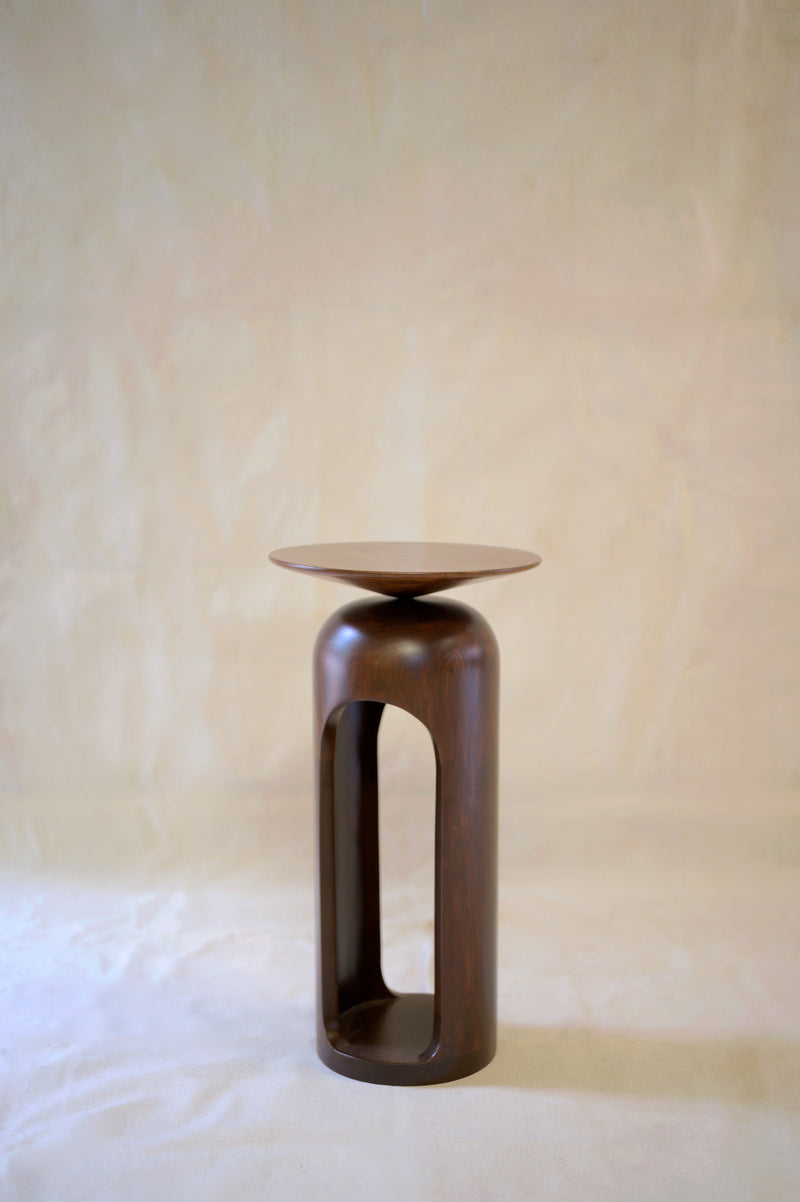 T-shaped walnut side table profile view by Studio Indigene