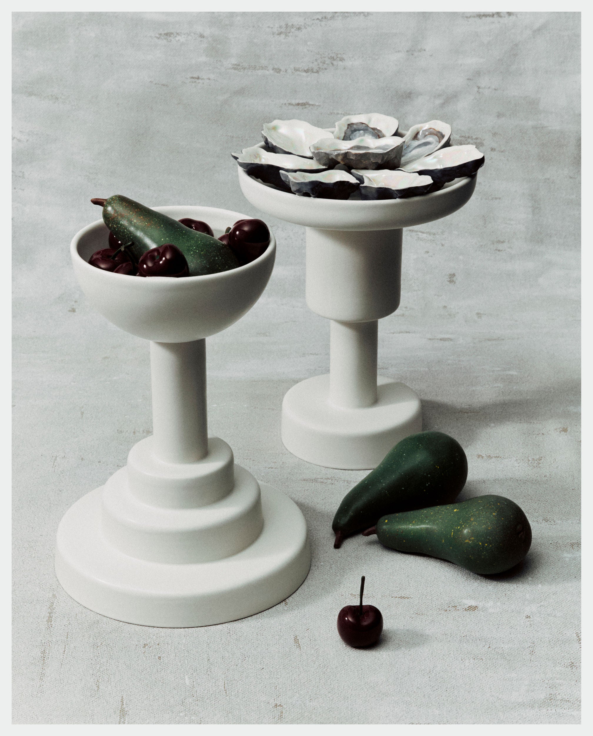 White glazed earthenware fruit coupe with oyster shells and fresh produce