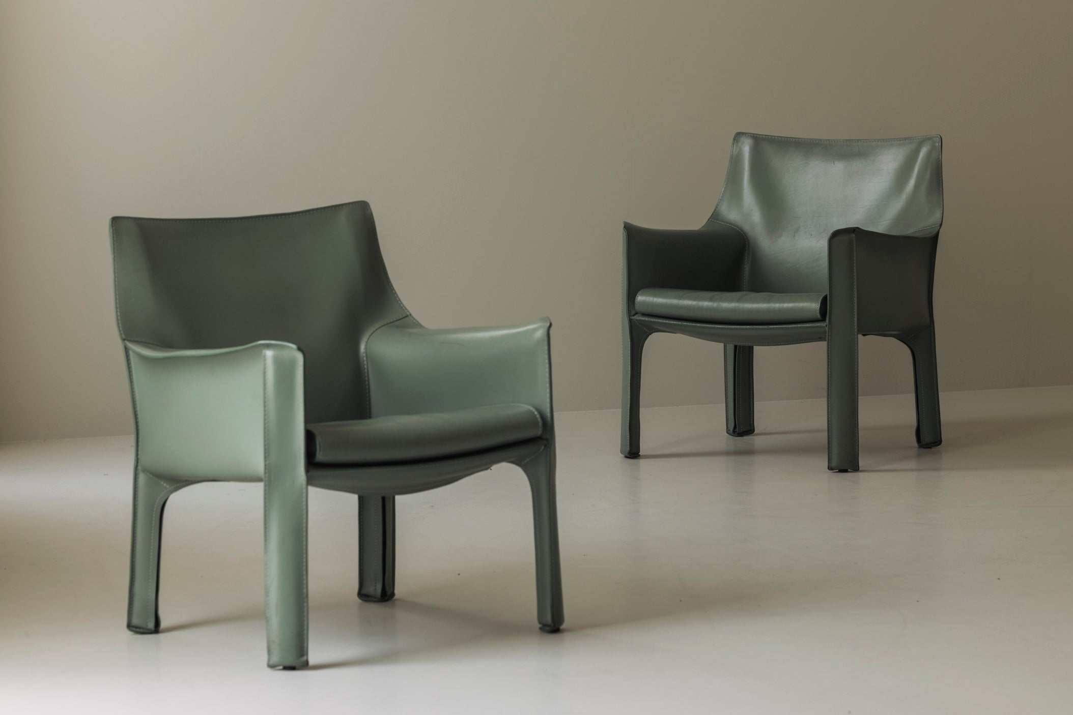 Rare Set of 8 CAB 414 Armchairs by Mario Bellini for Cassina – Sage Green Saddle Leather — side angle