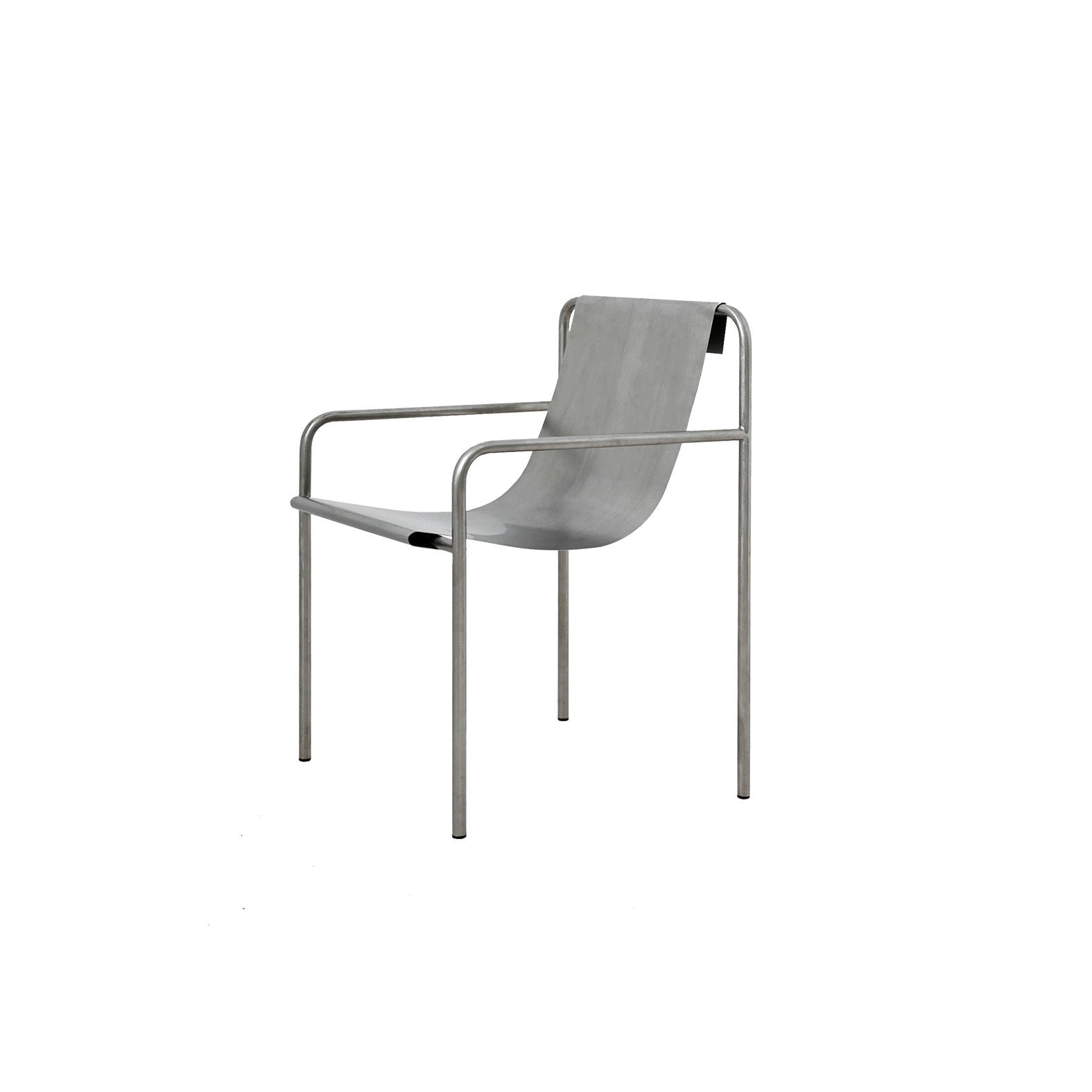 The SALAK DESSERT chair features a minimalistic design with a curved seat and backrest, slender tubular silver-gray armrests and legs, shown against a plain white background.