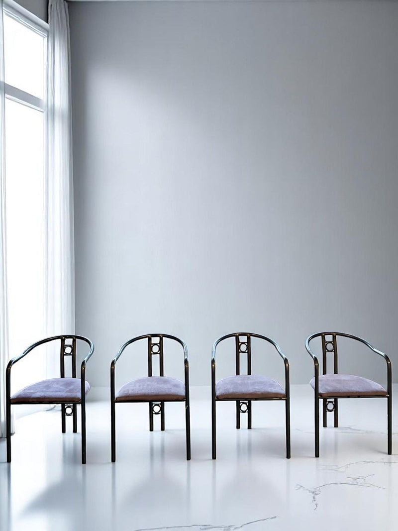 Four post modern dining chairs with curved bentwood frames and lavender upholstered seats