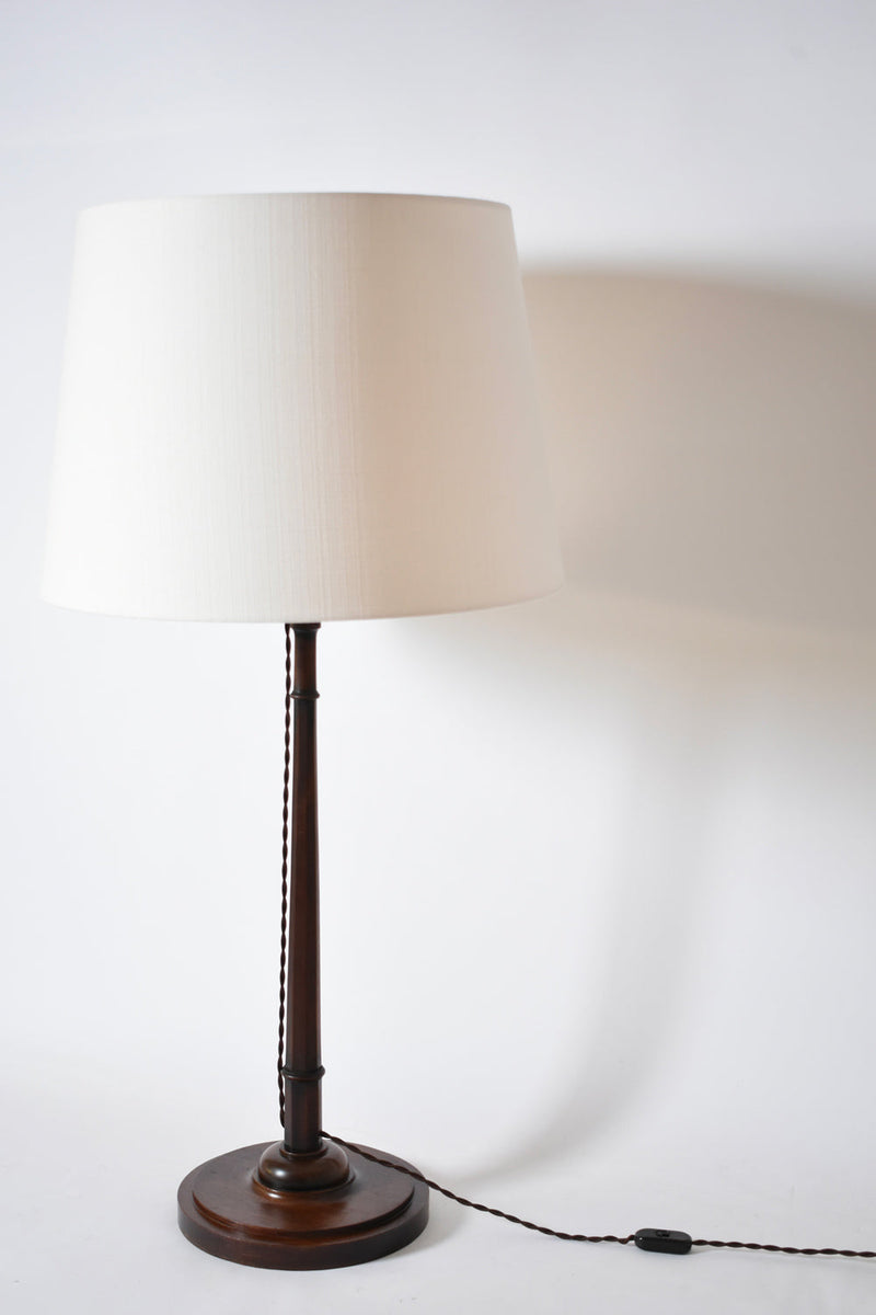 Wooden Pyramidal Lamp, 1920s — close-up of brown wooden base and fabric shade