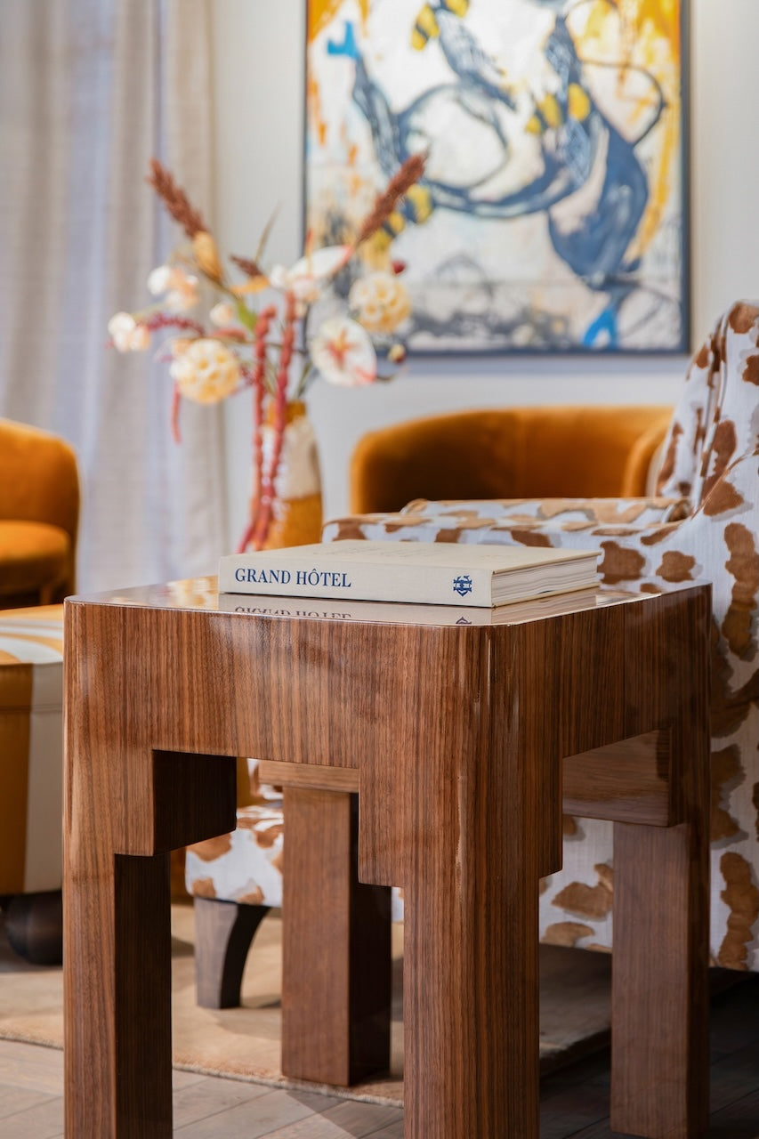 Adrian Side Table - Glossy Walnut — lifestyle setting