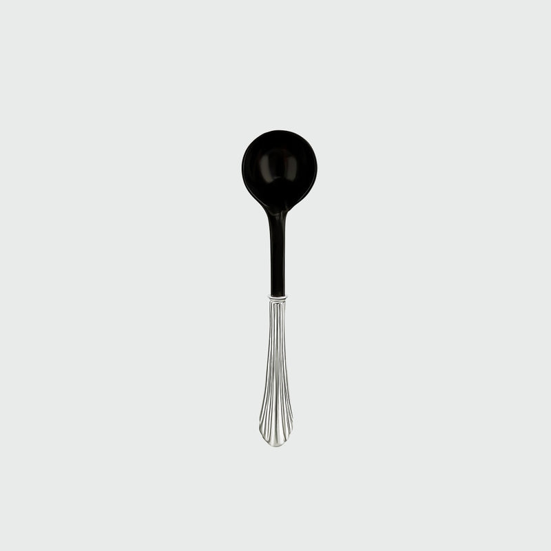Ossu Black Spoon — top view highlighting black ceramic bowl and silver handle