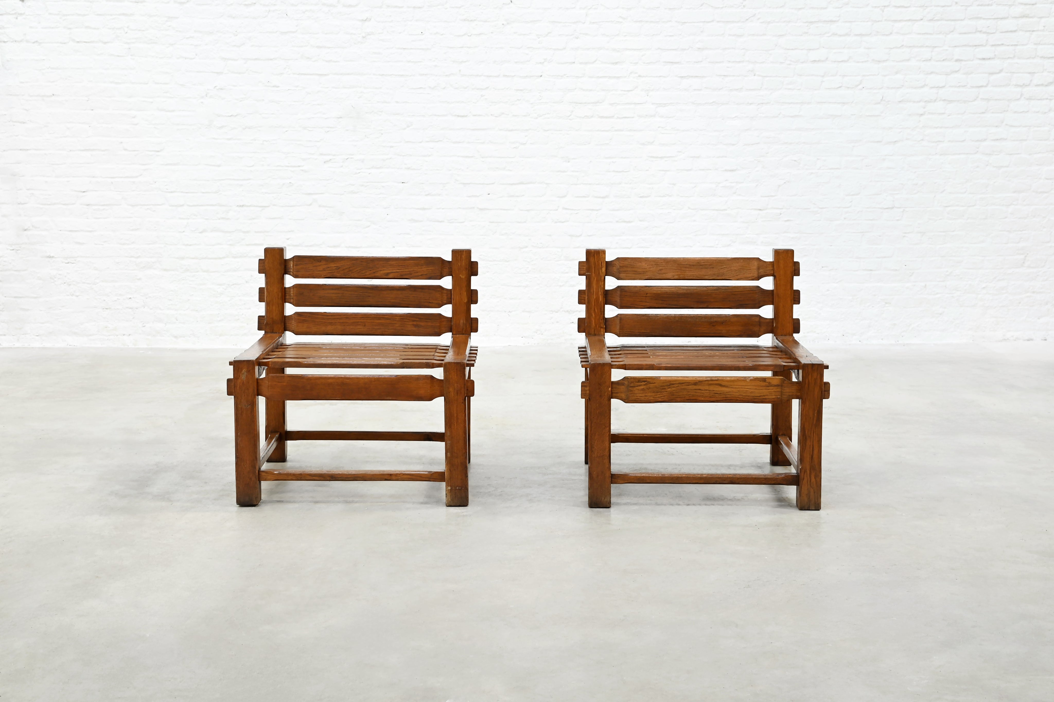 Front view of pair 1970s brutalist solid oak side chairs