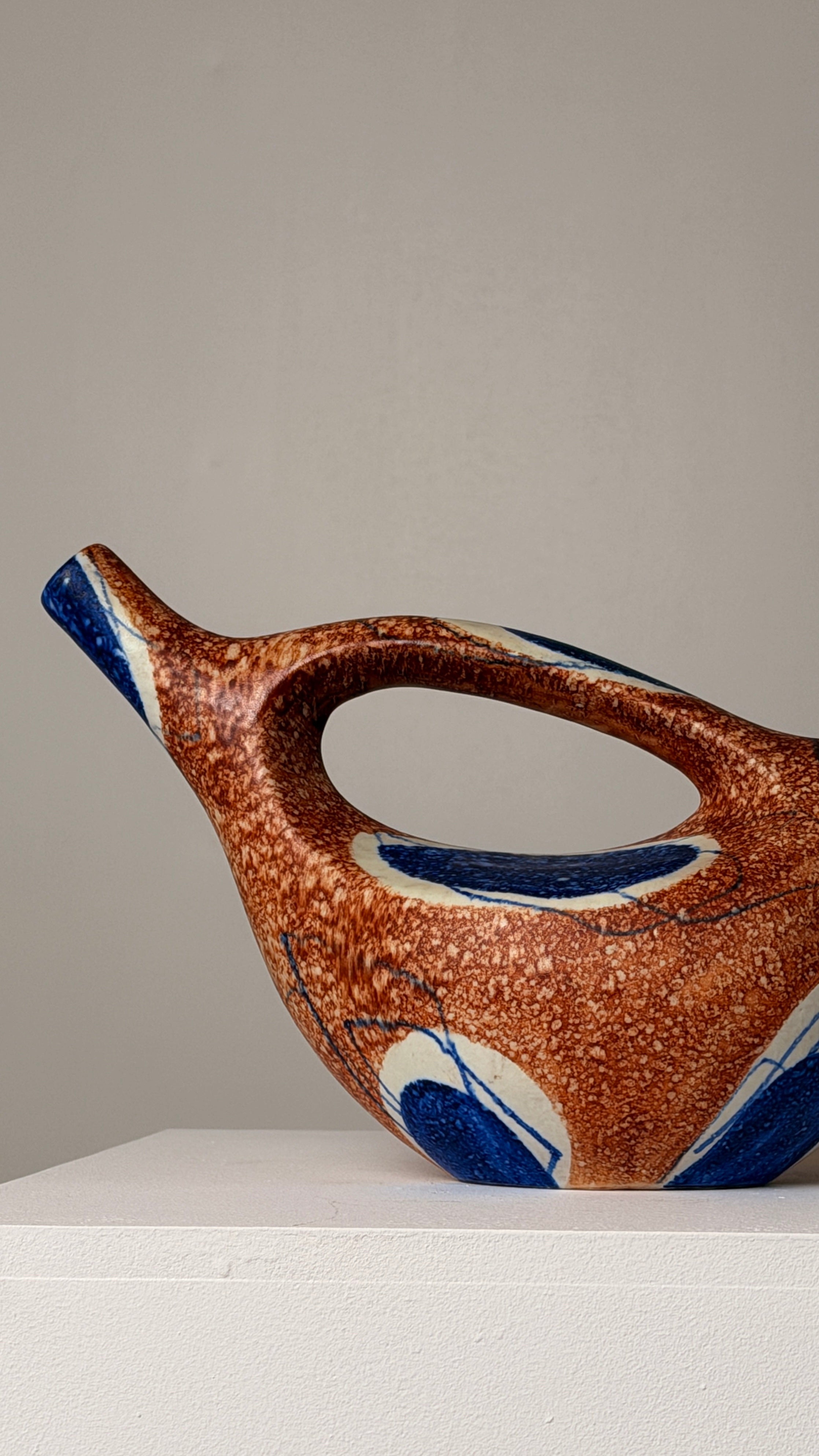 Ceramic Pitcher, Italy, circa 1950. — side angle showing brown and blue glaze
