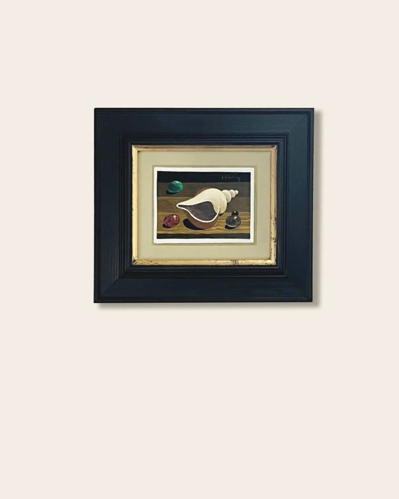Still life painting with conch shell and colorful stones by Eric Cederberg