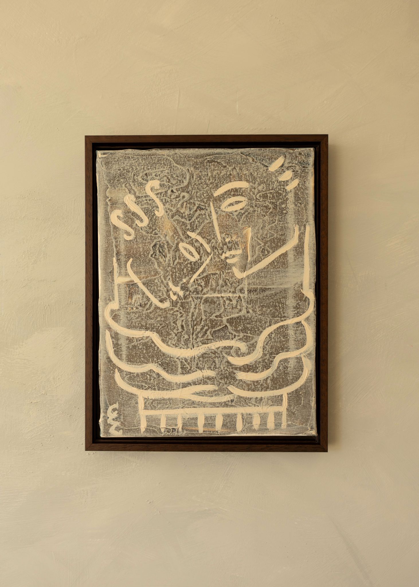 Abstract figure artwork 'The Hug' by Claire de Wolf in brown frame